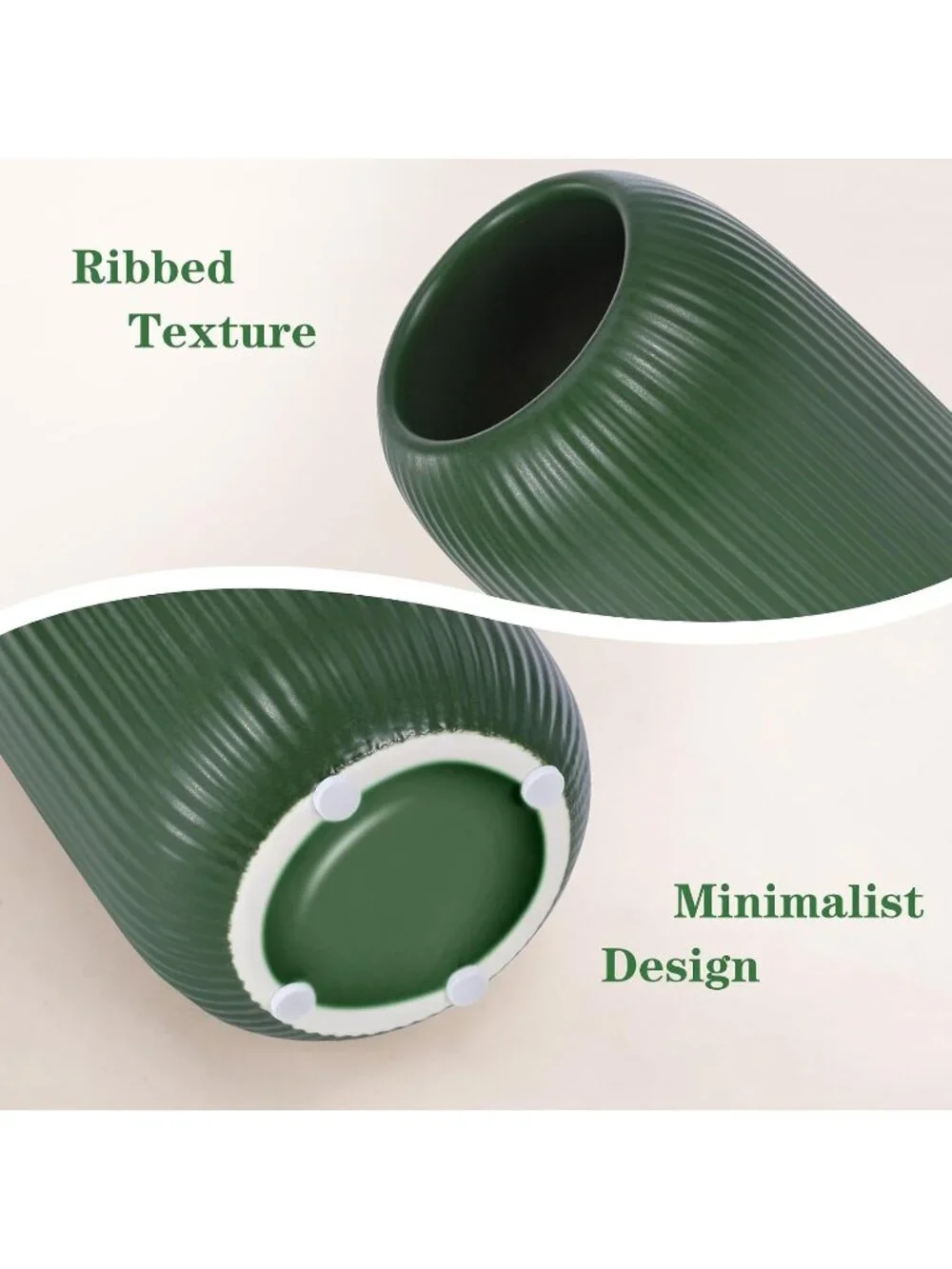 Modern Small Green Ceramic Vase Flowers Ribbed Textured Farmhouse Home Livings